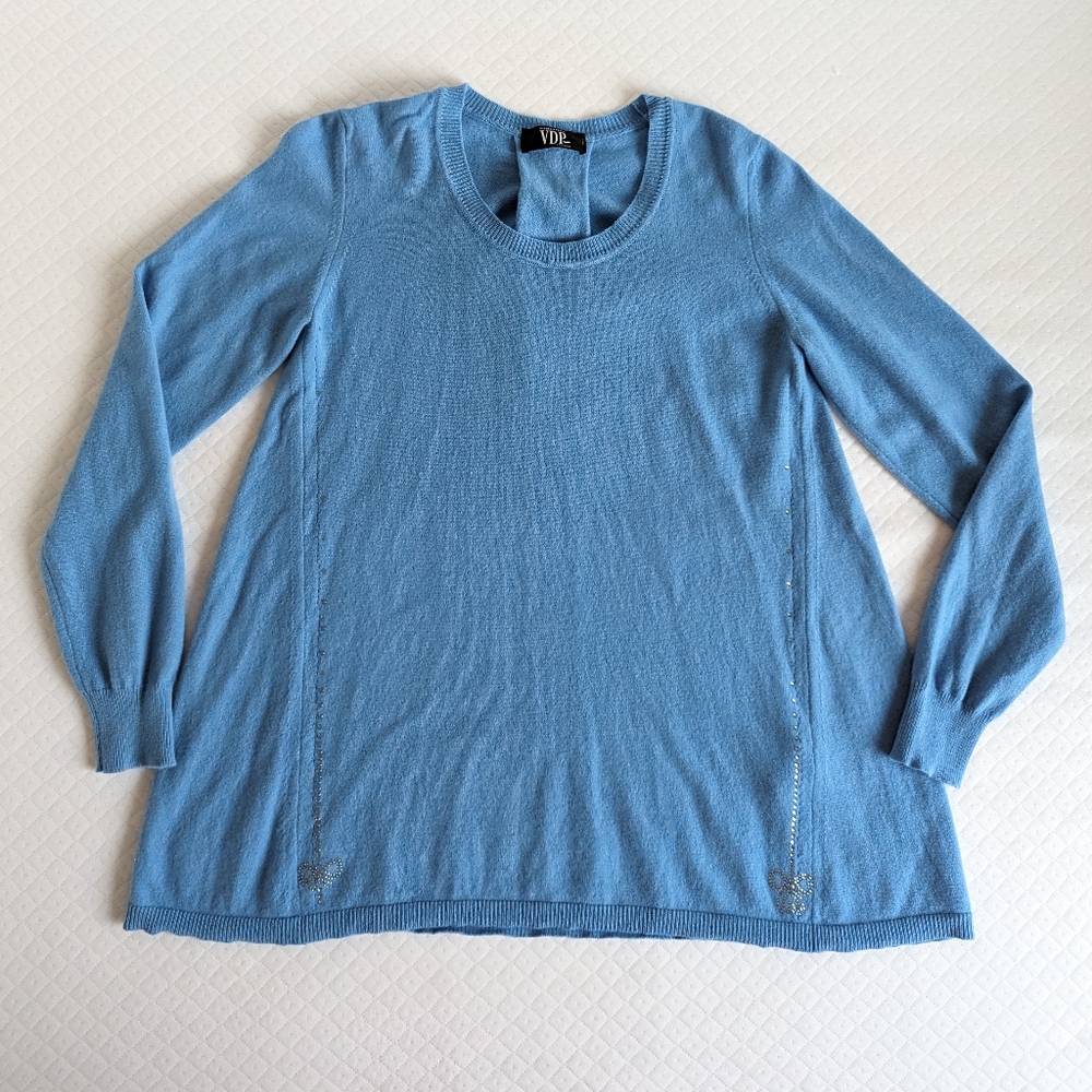VDP Collection Wool and Cashmere teal sweater, bow crystals, Made in Italy, sz L